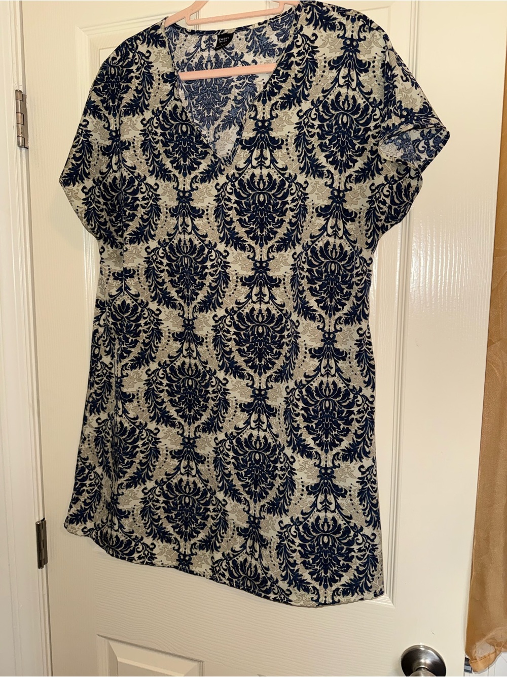 V-Neck Mini Dress in Navy Damask